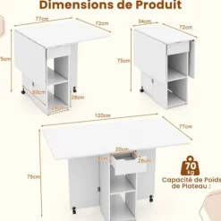 COSTWAY sammenklappeligt sidebord med 2 hjul, drop-leaf konsol, opbevaringsstativ, 2-lags skuffer, 120x72x75 cm hvid Naturvit