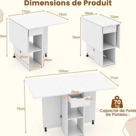 COSTWAY sammenklappeligt sidebord med 2 hjul, drop-leaf konsol, opbevaringsstativ, 2-lags skuffer, 120x72x75 cm hvid Naturvit