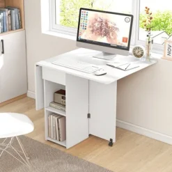 COSTWAY sammenklappeligt sidebord med 2 hjul, drop-leaf konsol, opbevaringsstativ, 2-lags skuffer, 120x72x75 cm hvid Naturvit