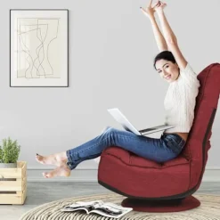 COSTWAY Sæde til Stuen, Foldbar, 360° Drejelig - Højt Rygjusterbar i 5 Positioner, Linnedstof, til Meditation, Afslapning Rød Röd