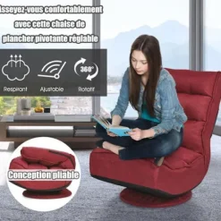 COSTWAY Sæde til Stuen, Foldbar, 360° Drejelig - Højt Rygjusterbar i 5 Positioner, Linnedstof, til Meditation, Afslapning Rød Röd