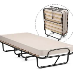 COSTWAY Senge til Gæster - 80 x 190 CM - Sammenklappelig Seng med Hjul til 1 Person - 10 CM Skummadras - Belastning på 120 KG