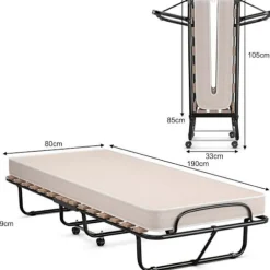 COSTWAY Senge til Gæster - 80 x 190 CM - Sammenklappelig Seng med Hjul til 1 Person - 10 CM Skummadras - Belastning på 120 KG