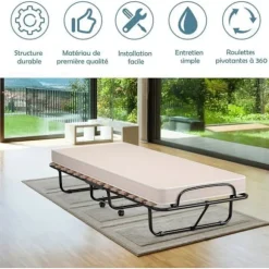 COSTWAY Senge til Gæster - 80 x 190 CM - Sammenklappelig Seng med Hjul til 1 Person - 10 CM Skummadras - Belastning på 120 KG