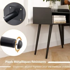 COSTWAY sengebord med 3 åbne rum, sidebord med metalben, til stue, soveværelse, sort