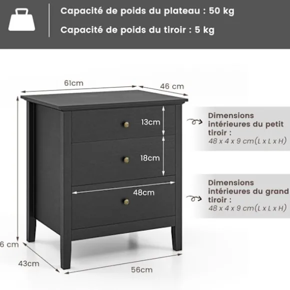 COSTWAY sengebord med 3 skuffer, 60,5 x 45,5 x 65,5 cm, sidebord til soveværelse, stue, kontor, sort