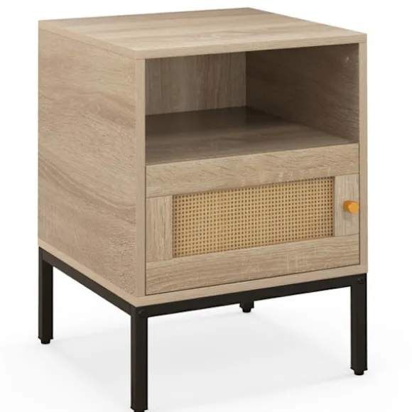 COSTWAY Sengebord med opbevaring – Åbent rum – Rattan dekorationsdørskab – Bohemian Effect – 40 x 40 x 57 cm Naturlig