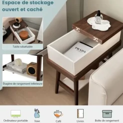 COSTWAY sidebord med klapplade, ende af sofa med 2 niveauer L60 x D30 x H59 cm i træ