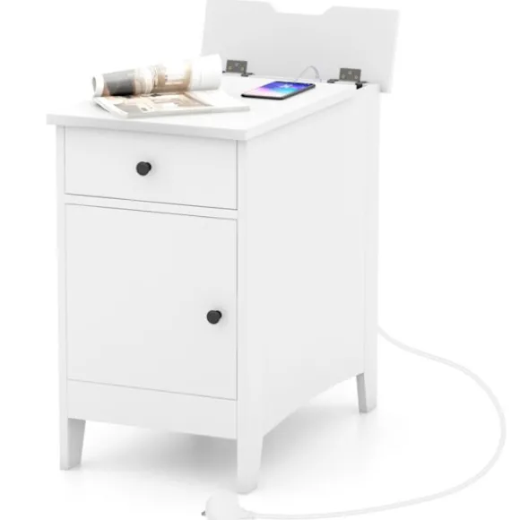 COSTWAY sidebord med ladestation - USB-porte og -stik, smalt sengebord med skuffe til stue, soveværelse, hvid