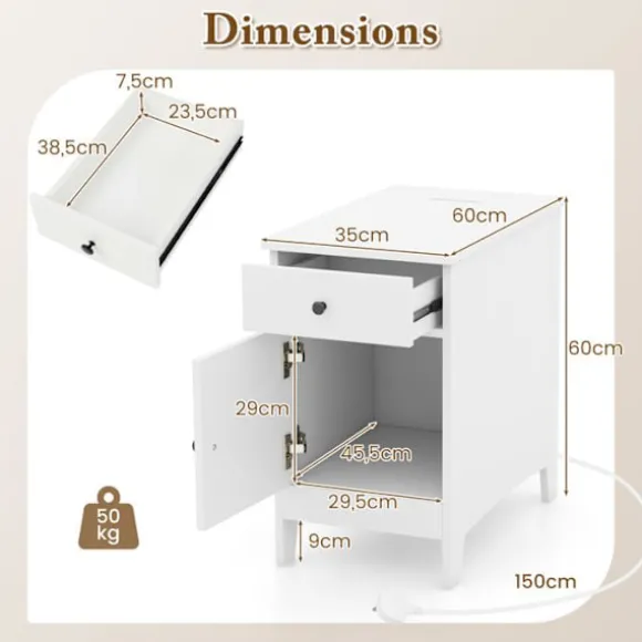 COSTWAY sidebord med ladestation - USB-porte og -stik, smalt sengebord med skuffe til stue, soveværelse, hvid