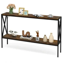 COSTWAY Smal Konsolbord i 2 Niveauer, Industriel Stil, Metalramme til Gang, Stue, Foyer, Rustik Brun