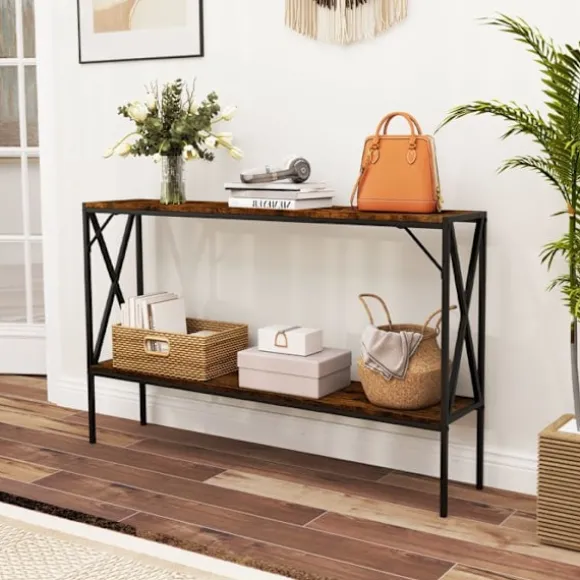 COSTWAY Smal Konsolbord i 2 Niveauer, Industriel Stil, Metalramme til Gang, Stue, Foyer, Rustik Brun