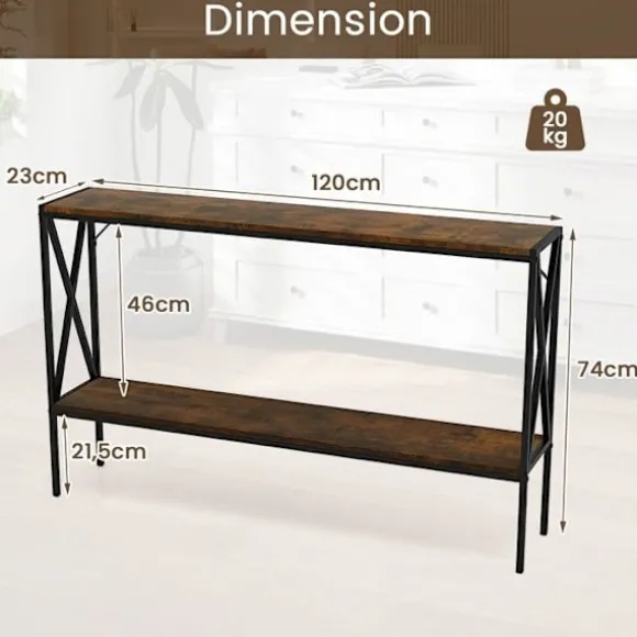 COSTWAY Smal Konsolbord i 2 Niveauer, Industriel Stil, Metalramme til Gang, Stue, Foyer, Rustik Brun