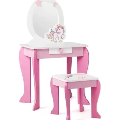 COSTWAY Sminkebord til børnebord med skammel, aftageligt spejl og 1 Princess Style Opbevaringsskuffe Pink vitt och rosa