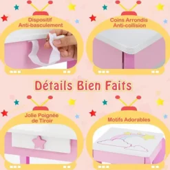 COSTWAY Sminkebord til børnebord med skammel, aftageligt spejl og 1 Princess Style Opbevaringsskuffe Pink vitt och rosa