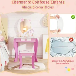 COSTWAY Sminkebord til børnebord med skammel, aftageligt spejl og 1 Princess Style Opbevaringsskuffe Pink vitt och rosa