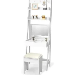 COSTWAY sminkebord/makeupbord med spejl og skammel, moderne kosmetikbord med 2 hylder og 3 kroge, hvid Vit