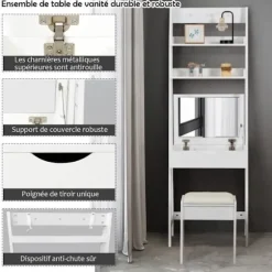 COSTWAY sminkebord/makeupbord med spejl og skammel, moderne kosmetikbord med 2 hylder og 3 kroge, hvid Vit