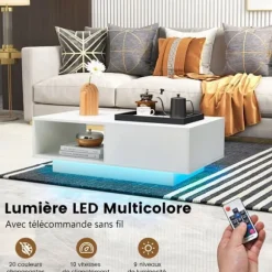COSTWAY Sofabord - LED Lys 20 Farver - 95 x 55 x 31 CM - LED Sofabord med Stort Skuffe og Rum - Hvid Vit