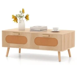 COSTWAY Sofabord - Rattan, 2 Skuffer, Bagagerum, Massivtræ Føder, Landstil, Naturlig Naturlig