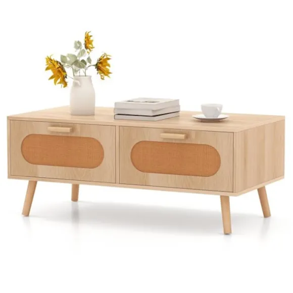 COSTWAY Sofabord - Rattan, 2 Skuffer, Bagagerum, Massivtræ Føder, Landstil, Naturlig Naturlig