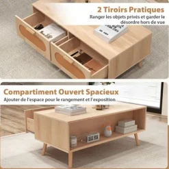 COSTWAY Sofabord - Rattan, 2 Skuffer, Bagagerum, Massivtræ Føder, Landstil, Naturlig Naturlig