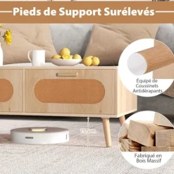 COSTWAY Sofabord - Rattan, 2 Skuffer, Bagagerum, Massivtræ Føder, Landstil, Naturlig Naturlig