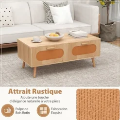 COSTWAY Sofabord - Rattan, 2 Skuffer, Bagagerum, Massivtræ Føder, Landstil, Naturlig Naturlig