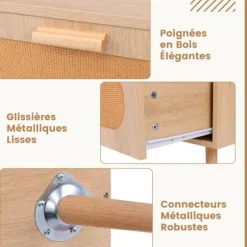COSTWAY Sofabord - Rattan, 2 Skuffer, Bagagerum, Massivtræ Føder, Landstil, Naturlig Naturlig