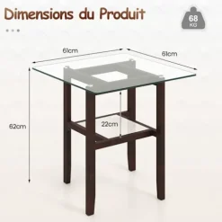 COSTWAY Sofabord i Hærdet Glas med 2 Niveauer, Ramme i Gummitræ, 61 cm Firkantet Sofabord til Stue eller Kontor Genomskinlig och brun