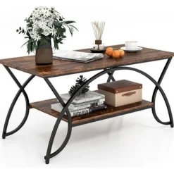 COSTWAY sofabord i industriel stil med 2 niveauer 100x50x45 CM, stuebord med metalstel, justerbare trædepuder Brun och Svart