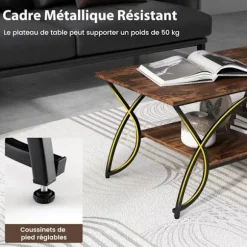 COSTWAY sofabord i industriel stil med 2 niveauer 100x50x45 CM, stuebord med metalstel, justerbare trædepuder Brun och Svart