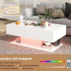 COSTWAY Sofabord med 20 farverige LED-lamper, sidebord med 22 tilstande og skuffer, fjernbetjening, glansfuld finish, hvid