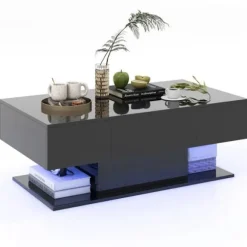 COSTWAY Sofabord med 20 Farverige LED-lys, Sidebord med 22 Tilstande og Skuffer, Fjernbetjening, Glansfuld Finish, Sort