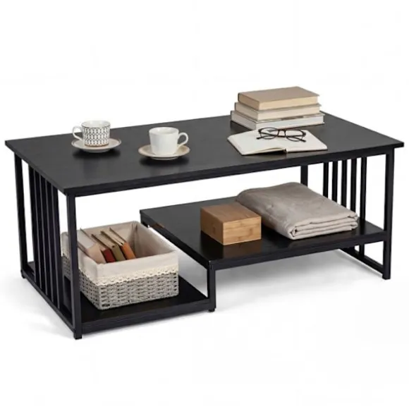 COSTWAY Sofabord med 2 Niveauer, 2 Opbevaringshylder, Rektangulært Sidebord 110 x 60 x 45 cm til Kontor, Sort Sort