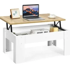 COSTWAY Sofabord med Hævebord og Skuffe 98 x 50 x 42-55 CM til Stue, Mødelokale, Hvid
