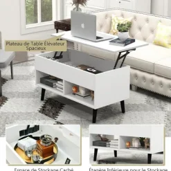 COSTWAY Sofabord med Lift Top Moderne stuebord med skjult opbevaring 2 åbne rum 80x40x44,5-58CM Hvid Vit
