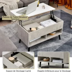 COSTWAY Sofabord med Lift Top Moderne stuebord med skjult opbevaring 2 åbne rum 80x40x44,5-58CM Grå Grå