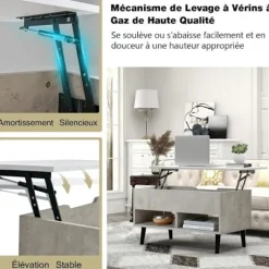 COSTWAY Sofabord med Lift Top Moderne stuebord med skjult opbevaring 2 åbne rum 80x40x44,5-58CM Grå Grå