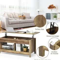 COSTWAY sofabord med liftplade, med skjult opbevaringsplads og nederste hylde, 109 x 47,5 x 50-63 cm Träbevuxen