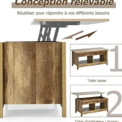 COSTWAY sofabord med liftplade, med skjult opbevaringsplads og nederste hylde, 109 x 47,5 x 50-63 cm Träbevuxen