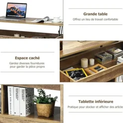 COSTWAY sofabord med liftplade, med skjult opbevaringsplads og nederste hylde, 109 x 47,5 x 50-63 cm Träbevuxen