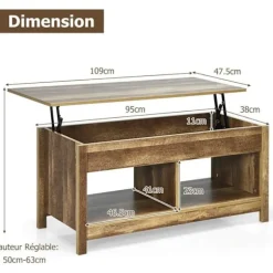 COSTWAY sofabord med liftplade, med skjult opbevaringsplads og nederste hylde, 109 x 47,5 x 50-63 cm Träbevuxen