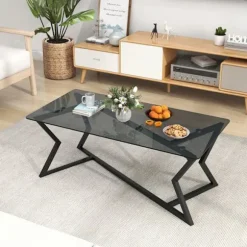 COSTWAY Sofabord, Tempereret Glasplade, Geometrisk Metalramme, Rektangulært Sidebord til Kontor Lejlighed