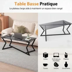 COSTWAY Sofabord, Tempereret Glasplade, Geometrisk Metalramme, Rektangulært Sidebord til Kontor Lejlighed