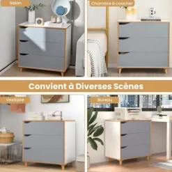 COSTWAY Soveværelses kommode med 3 skuffer, kommode, integreret håndtag, anti-vippeanordning, 75 x 42 x 75 cm, Grå vit + grå