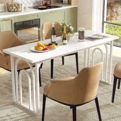 COSTWAY Spisebord på 160 CM til 6-8 Personer Rektangulært med Robuste Metalben, Moderne Stil Hvid