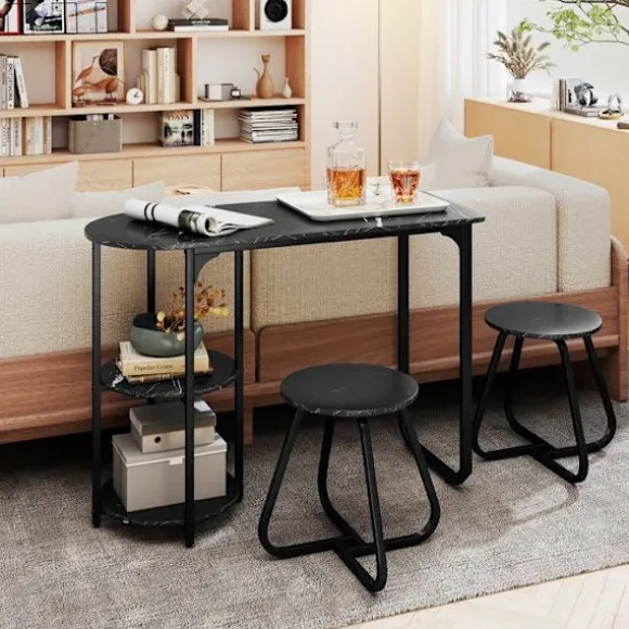 COSTWAY Sæt af Spisebord i Industriel Stil 3 PCS 110 x 45 x 78 cm med 2 Taburetter - Sort Opbevaringshylder