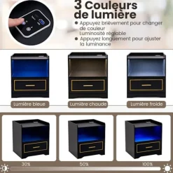 COSTWAY Sæt med 2 LED sengebord med 1 TYPE-C + 1 USB, 3 lysfarver, Smart Sensor, 45 x 40 x 50 cm, Sort Svart