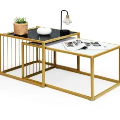 COSTWAY Sæt med 2 Marmor Print Nesting Sofaborde med Guld Metal Stel Skandinavisk Sidebord med Non-Slip Glides Svart, vit, guld